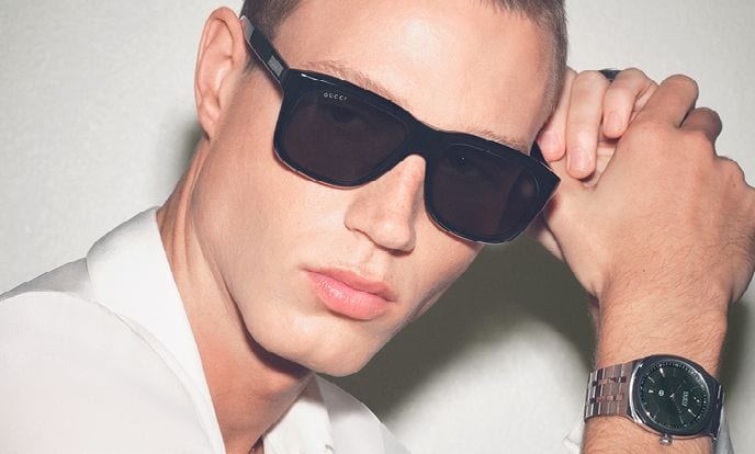 A man in rectangular Gucci sunglasses from the Spring Summer 2026 campaign