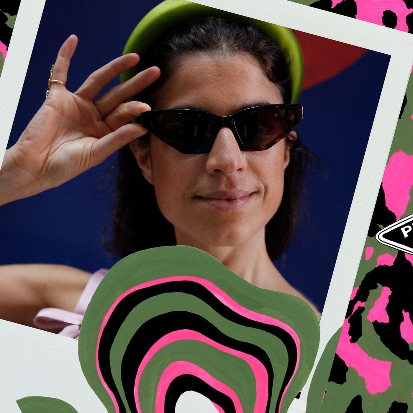 A woman in Prada Disguise sunglasses surrounded by colourful illustration