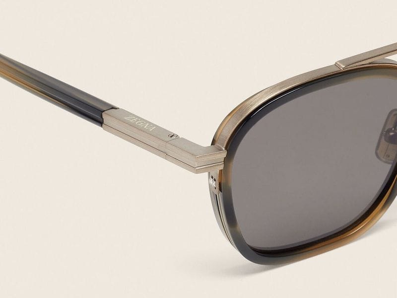 Zegna Orizzonte I Acetate and Metal sunglasses in Khaki Green Havana, close-up of the temple