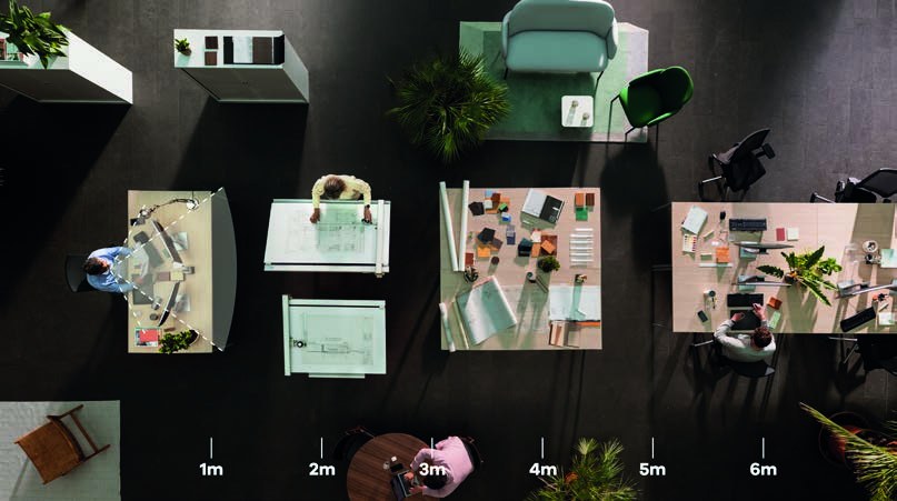 Overhead view of an office: a clear-vision area covering the desk only