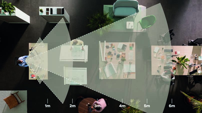 Overhead view of an office: the clear-vision area reaches from the desk to across the room
