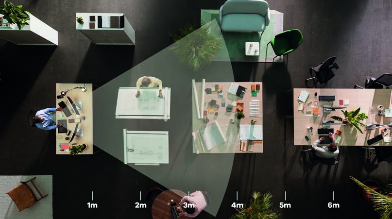 Overhead view of an office: a wide clear-vision area reaching about four metres
