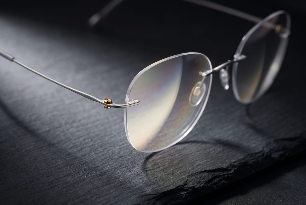 Freeform varifocal lenses in a rimless titanium frame