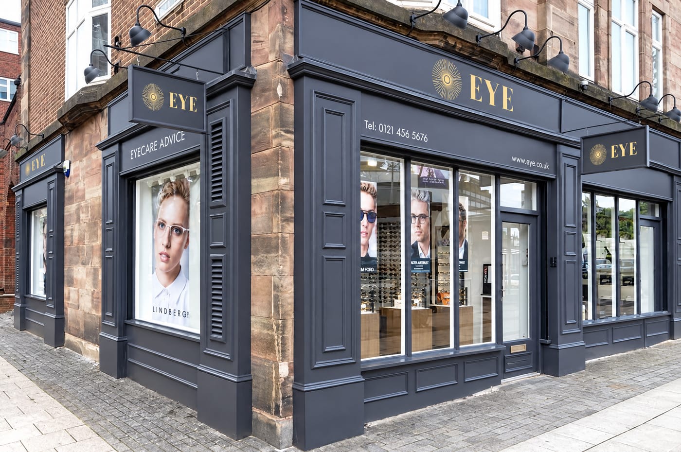The EYE Opticians corner shopfront on Islington Row, Edgbaston, Birmingham