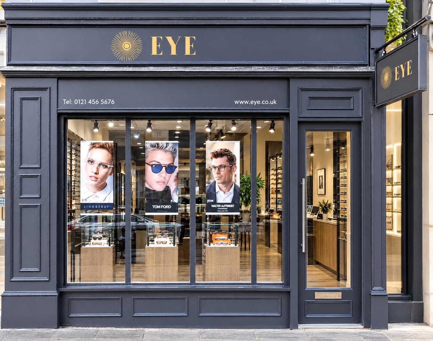 The front of EYE Opticians Edgbaston, with designer eyewear in the window