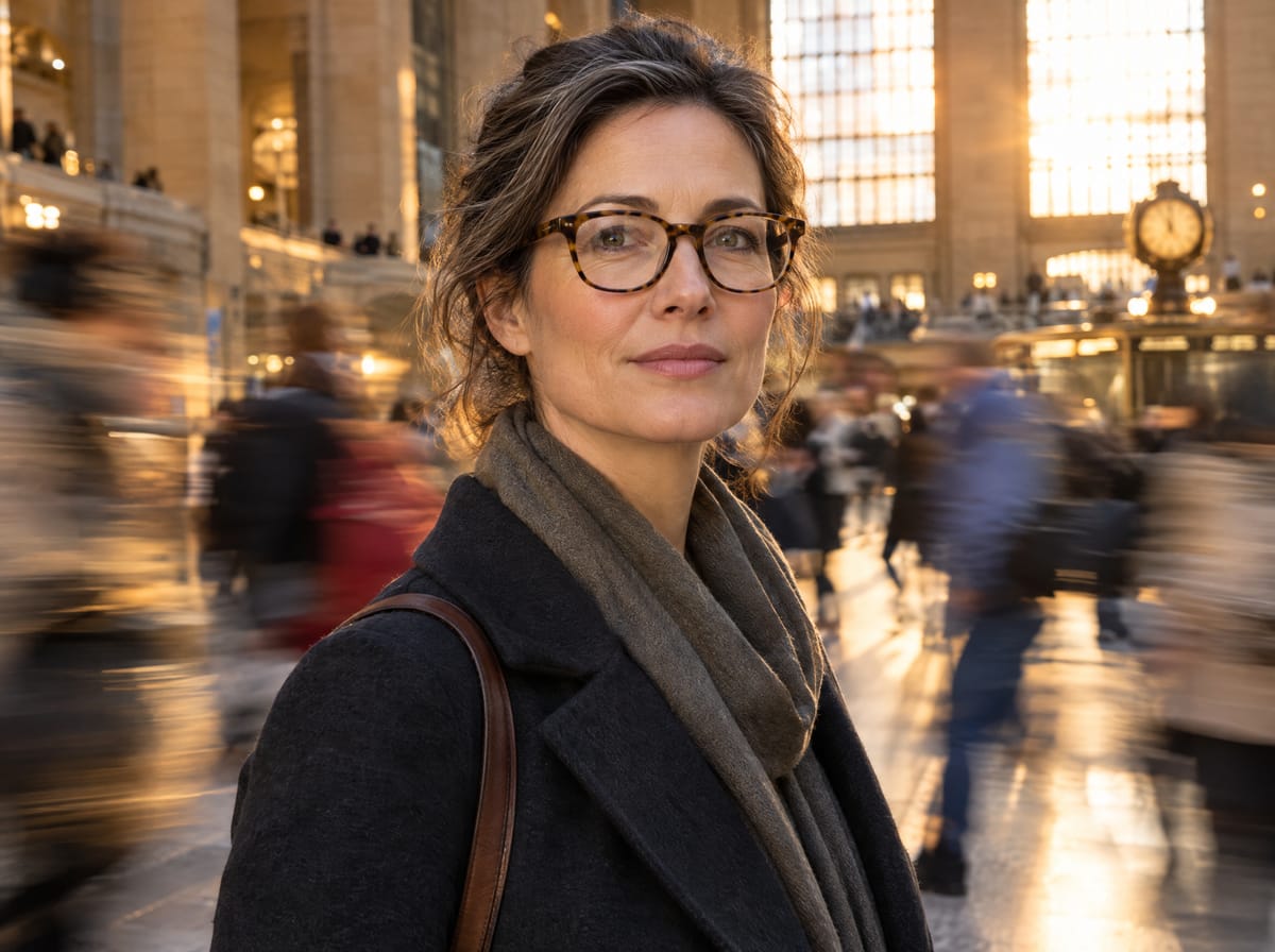 A woman in glasses standing calm and in focus while commuters blur past