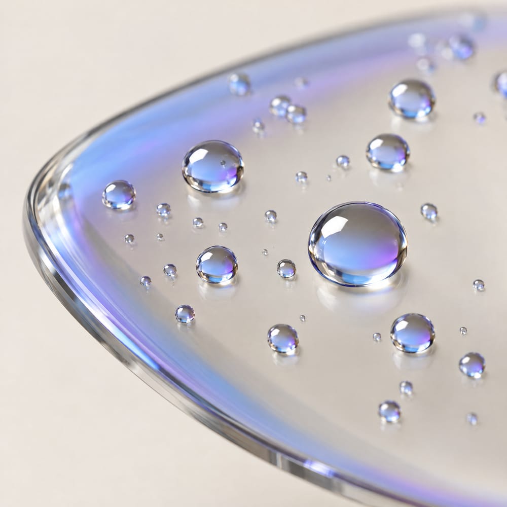 Water beading into round droplets on a coated spectacle lens