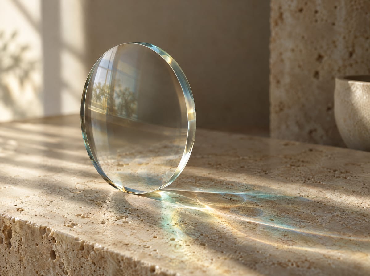 An uncut spectacle lens standing on stone, bending light into teal and gold