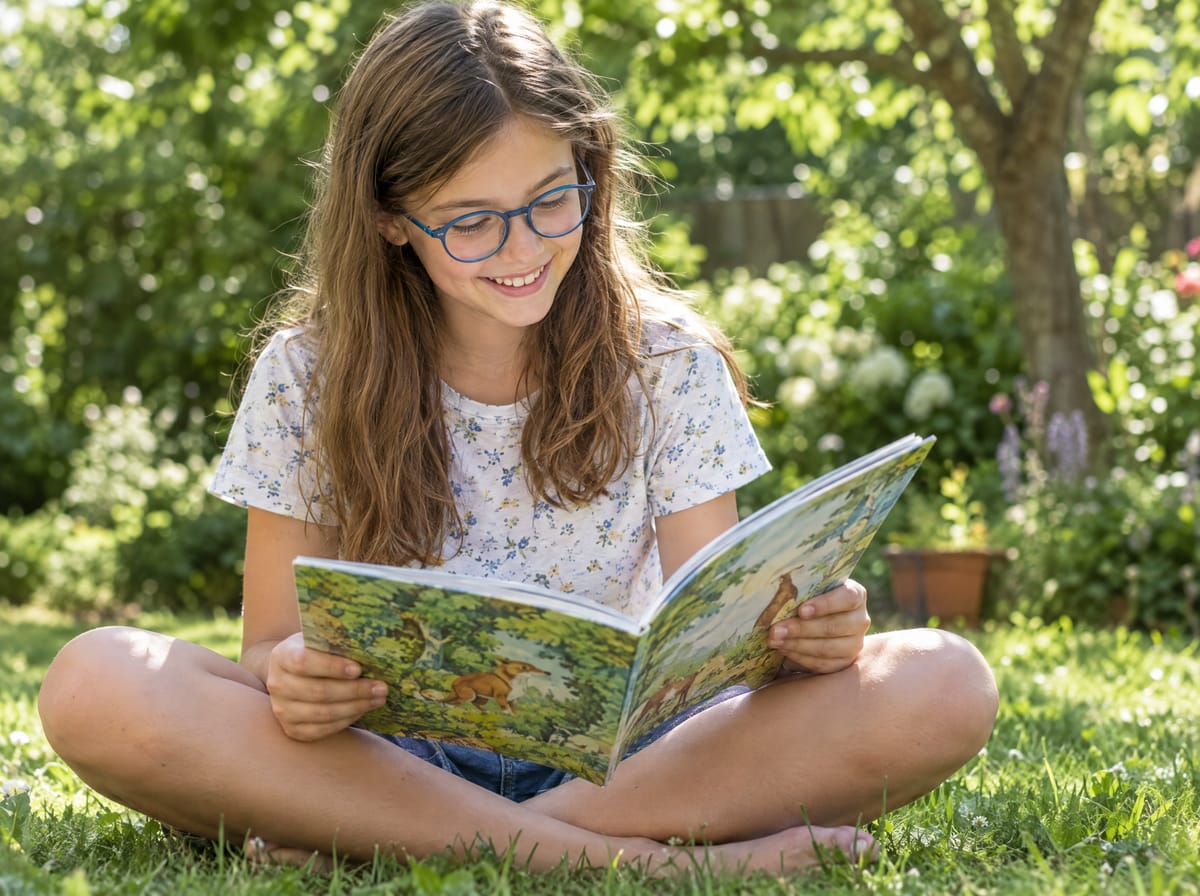 A child in blue glasses reading a book on the grass in a sunny garden