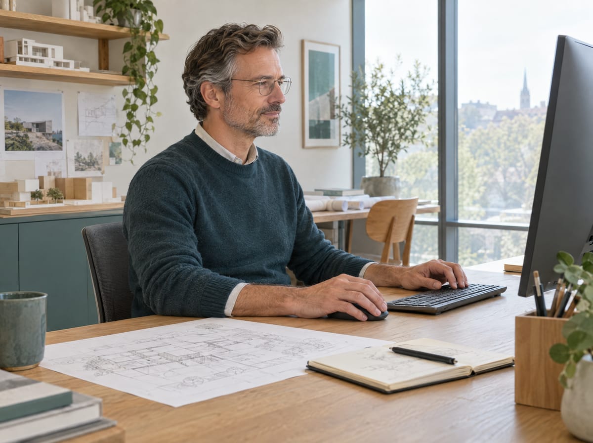 A man in glasses working comfortably at a desk with a large monitor